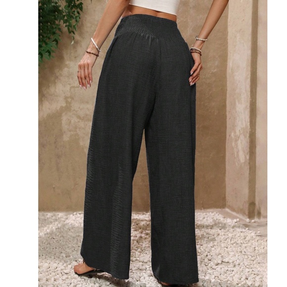 Classic Solid Wide Leg High Waisted Smocked Tie Pants - Picture 6 of 8